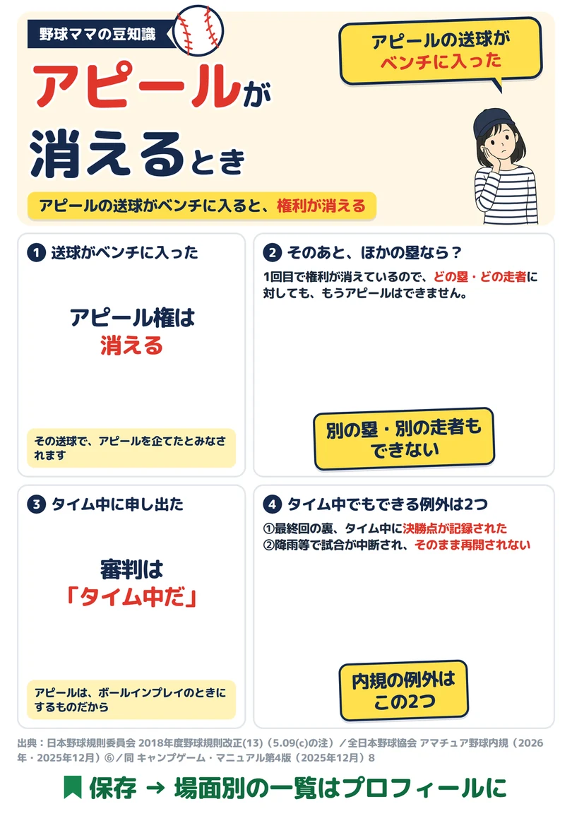 アピールの送球がベンチに入ったら？の図解